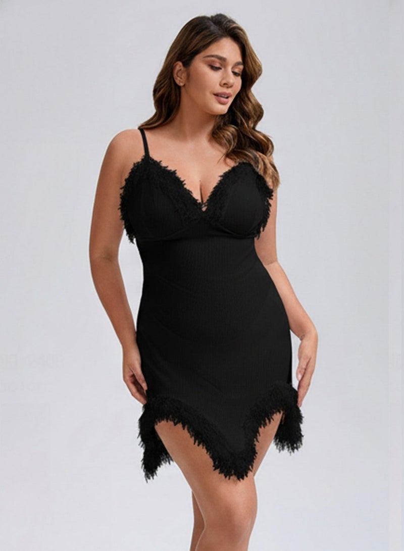 Trayo Fiora Feather Lace Trim Slip Dress – Adjustable Spaghetti Straps, Stretch Mesh - Image 4
