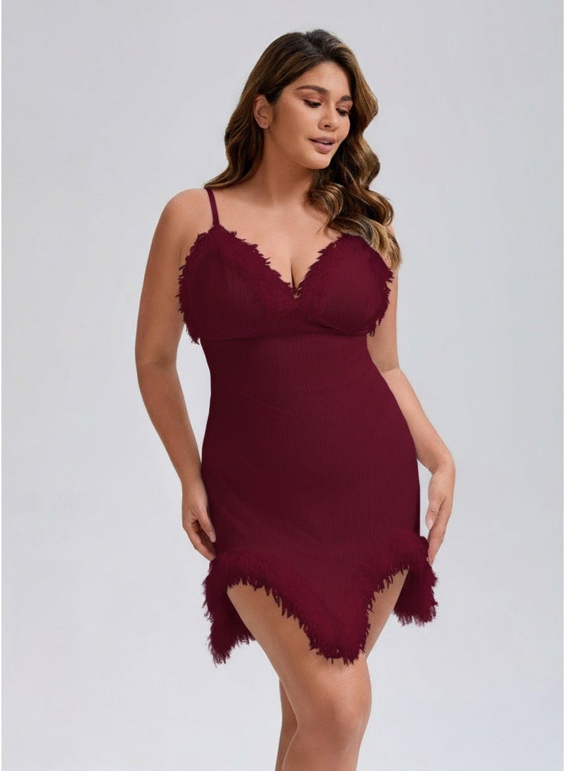 Trayo Fiora Feather Lace Trim Slip Dress – Adjustable Spaghetti Straps, Stretch Mesh - Image 5
