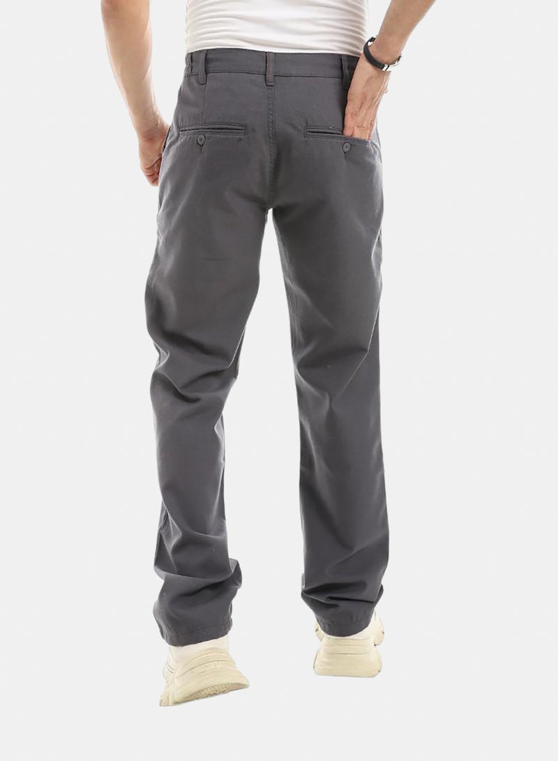Regular Fit Buttons And Zipper Closure Grey Pants - Image 2