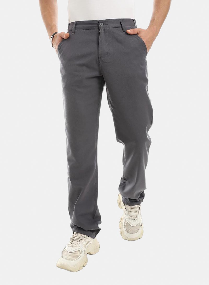 Regular Fit Buttons And Zipper Closure Grey Pants - Image 1