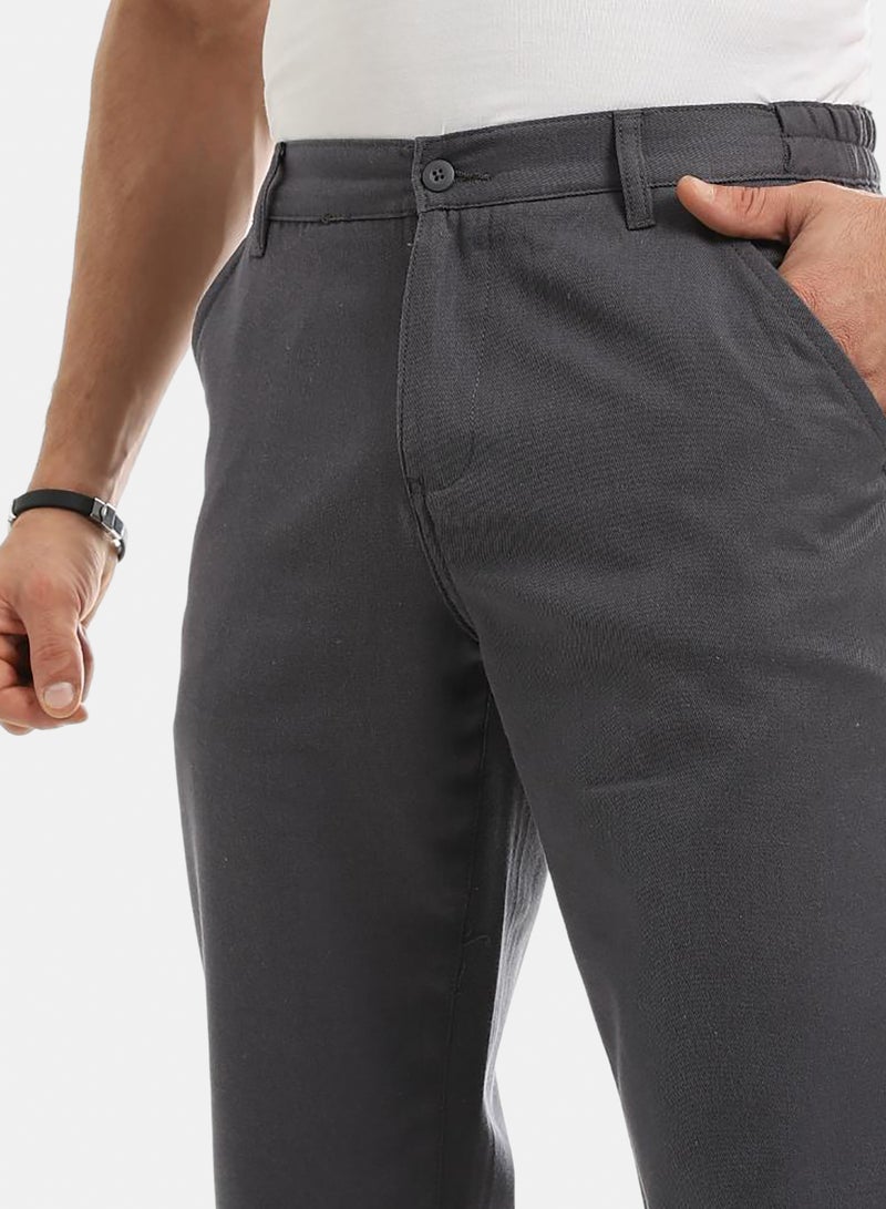 Regular Fit Buttons And Zipper Closure Grey Pants - Image 4