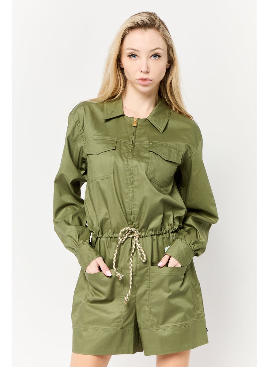 Scotch & Soda Women Plain Long Sleeves Playsuits, Olive  - Image 1