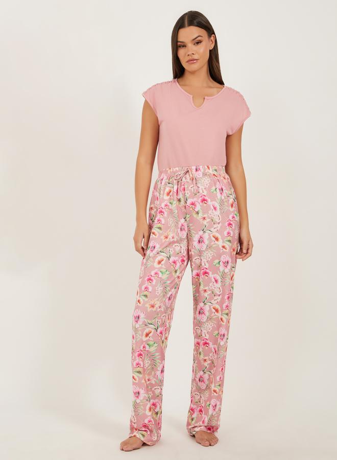Styli Solid Short Sleeve Pink Floral Printed Pajama Set  - Image 2