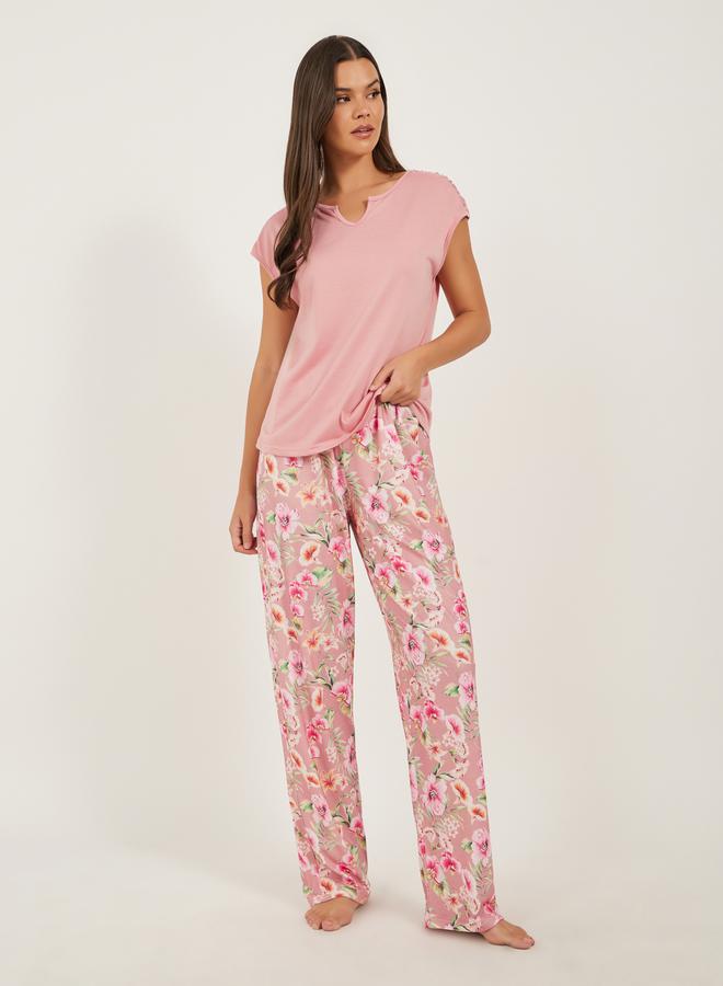 Styli Solid Short Sleeve Pink Floral Printed Pajama Set  - Image 1
