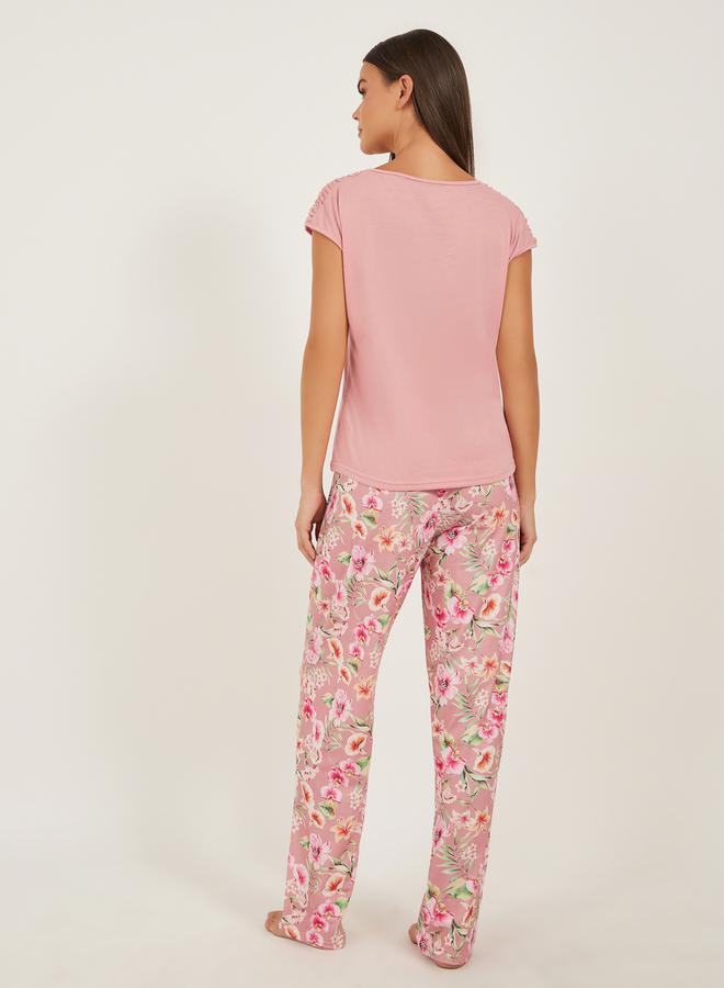 Styli Solid Short Sleeve Pink Floral Printed Pajama Set  - Image 5