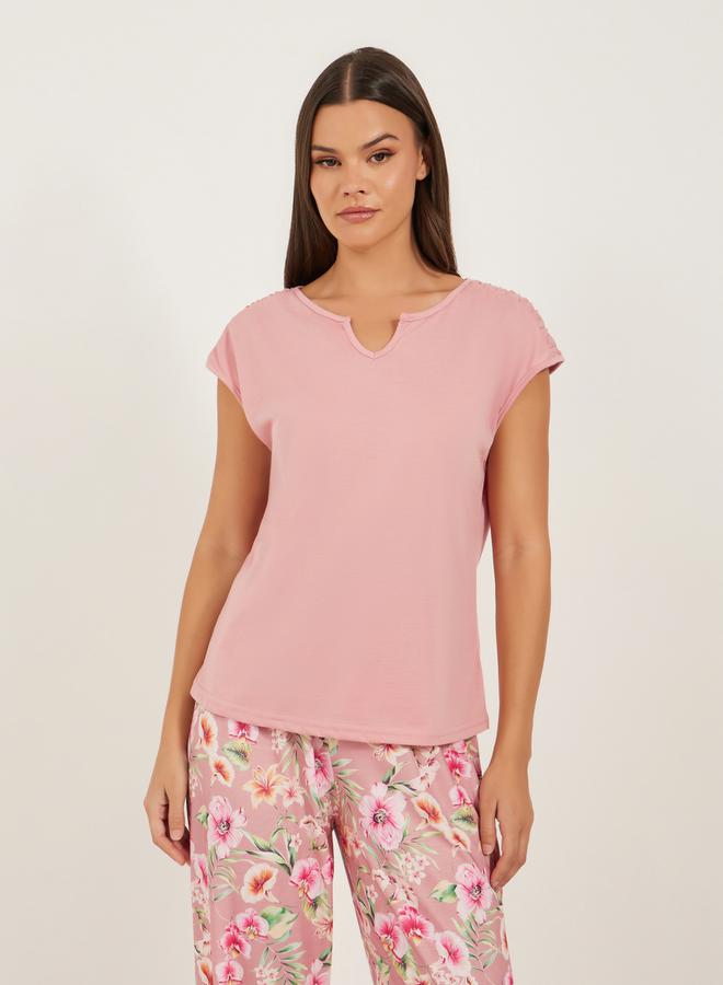 Styli Solid Short Sleeve Pink Floral Printed Pajama Set  - Image 3