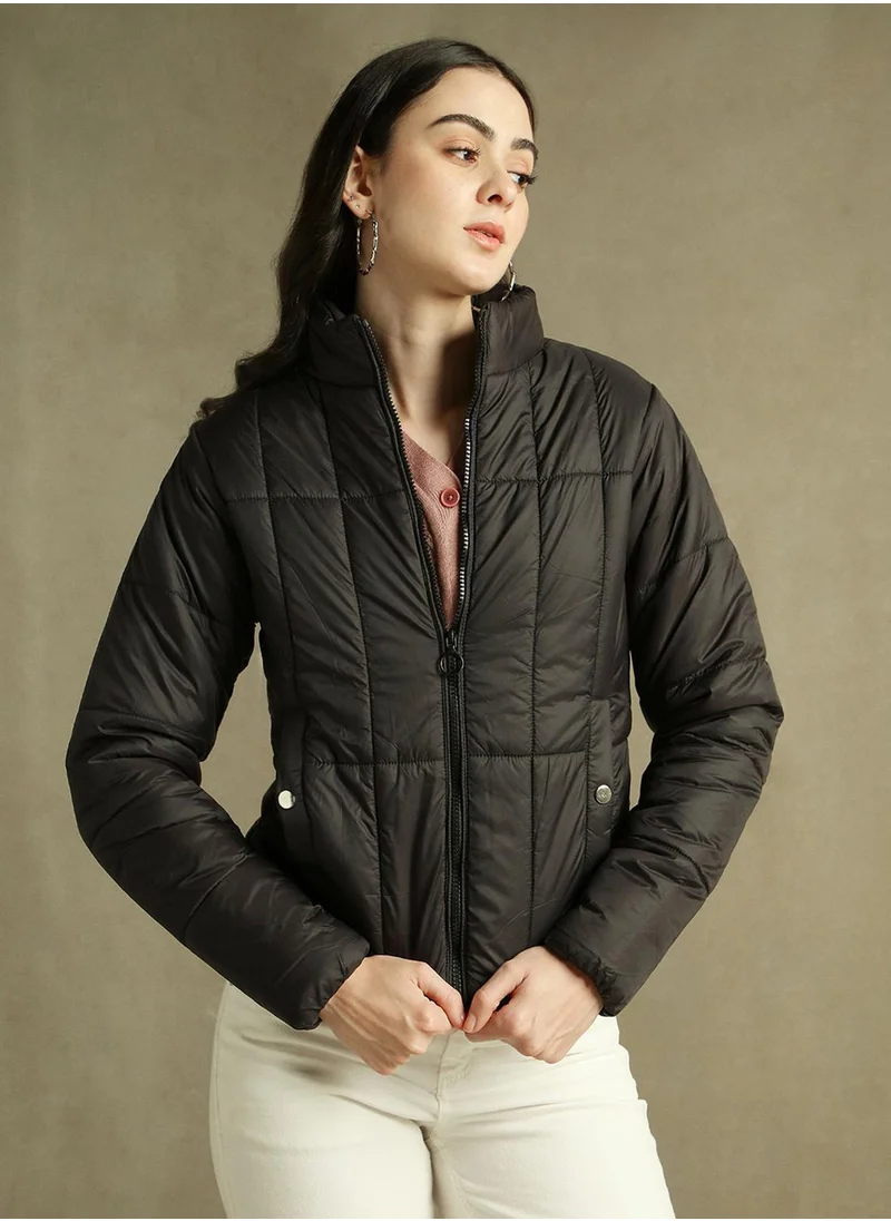 دينيس لينغو Women's Black 100% Polyester Solid Regular Fit Jacket