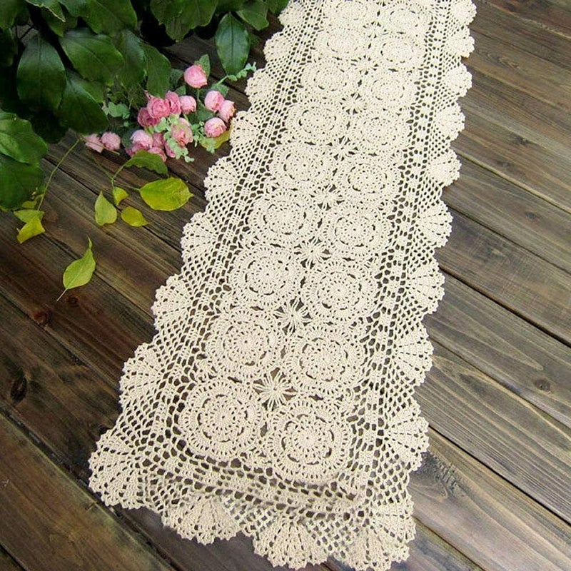 Phantomon Lace Table Runner Rectangular Table Cover Cloth Handmade Crochet Floral Placemats 100 Cotton Floral Beige 15x39Inch