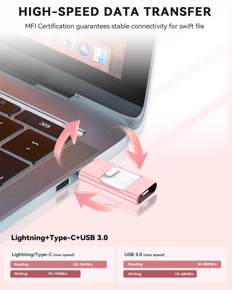ROSPE MFi Certified Flash Drive for iPhone 256GB, Photo Stick Memory Stick for iPad, USB Thumb Drive for Photos Videos Transfer & Backup, External Storage Compatible for iPhone/Android/PC/Mac (Light Pink) - Image 5