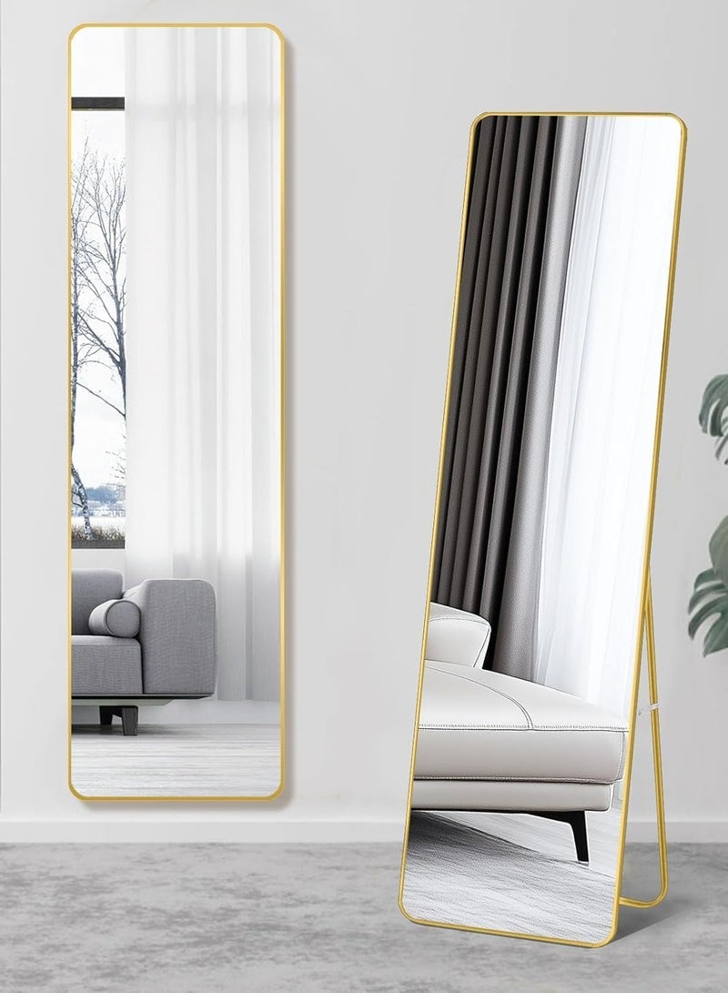 ديكور هيلز مرآة كاملة الطول 147 × 37 سم - مرآة مستطيلة كاملة الجسم مع حامل، مرآة أرضية بزاوية مستديرة بإطار من سبائك الألومنيوم، مرآة خلع الملابس قائمة أو مثبتة على الحائط لغرفة النوم (ذهبي) - Image 1