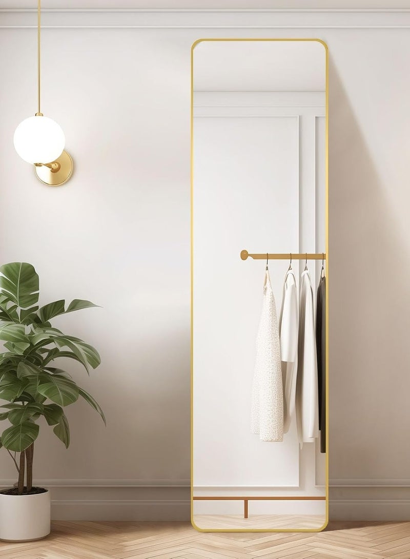 ديكور هيلز مرآة كاملة الطول 147 × 37 سم - مرآة مستطيلة كاملة الجسم مع حامل، مرآة أرضية بزاوية مستديرة بإطار من سبائك الألومنيوم، مرآة خلع الملابس قائمة أو مثبتة على الحائط لغرفة النوم (ذهبي) - Image 2