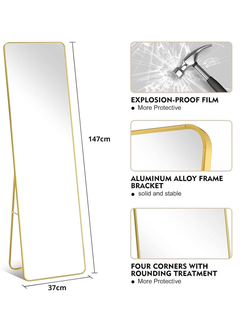 ديكور هيلز مرآة كاملة الطول 147 × 37 سم - مرآة مستطيلة كاملة الجسم مع حامل، مرآة أرضية بزاوية مستديرة بإطار من سبائك الألومنيوم، مرآة خلع الملابس قائمة أو مثبتة على الحائط لغرفة النوم (ذهبي) - Image 3