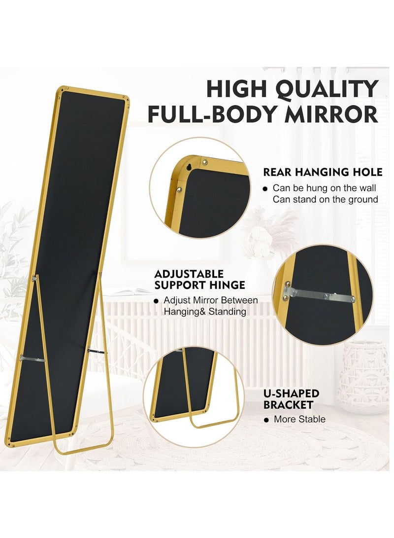 ديكور هيلز مرآة كاملة الطول 147 × 37 سم - مرآة مستطيلة كاملة الجسم مع حامل، مرآة أرضية بزاوية مستديرة بإطار من سبائك الألومنيوم، مرآة خلع الملابس قائمة أو مثبتة على الحائط لغرفة النوم (ذهبي) - Image 4