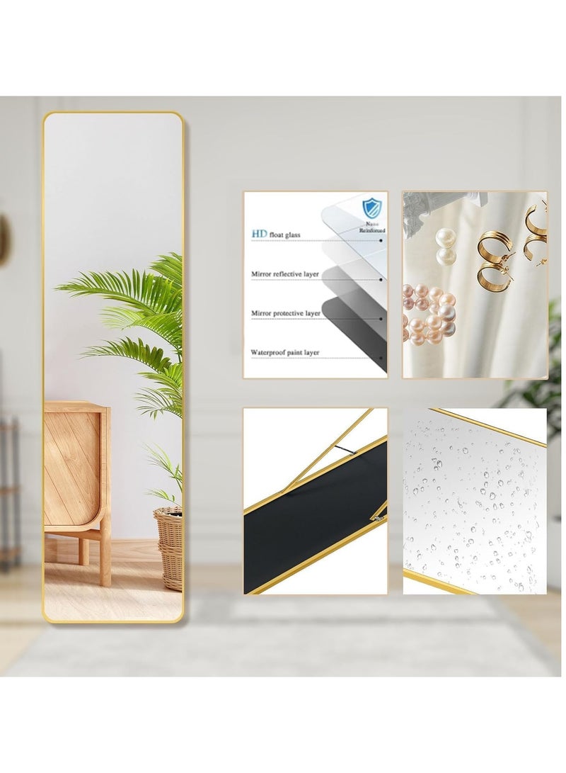 ديكور هيلز مرآة كاملة الطول 147 × 37 سم - مرآة مستطيلة كاملة الجسم مع حامل، مرآة أرضية بزاوية مستديرة بإطار من سبائك الألومنيوم، مرآة خلع الملابس قائمة أو مثبتة على الحائط لغرفة النوم (ذهبي) - Image 5