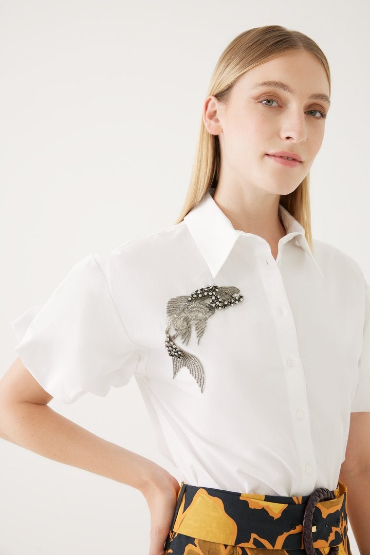EXQUISE Fish Patterned Embellished Shirt - Image 1