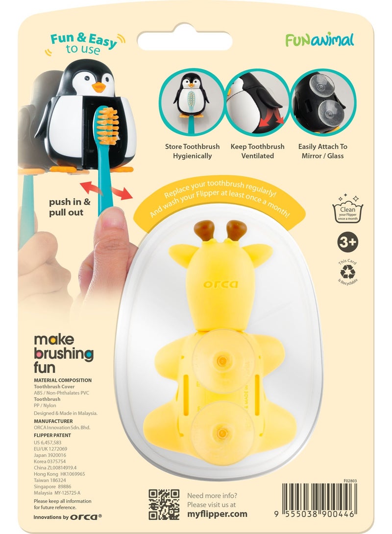 Flipper Kids Toothbrush with Cute Giraffe Protective Cover & Holder – BPA-Free Soft Bristle Toothbrush, Automatic One-Touch Open & Close, Ventilated Hygienic Storage, Suction Cup Bathroom Holder, Fun Animal Design & Travel Case - Image 3