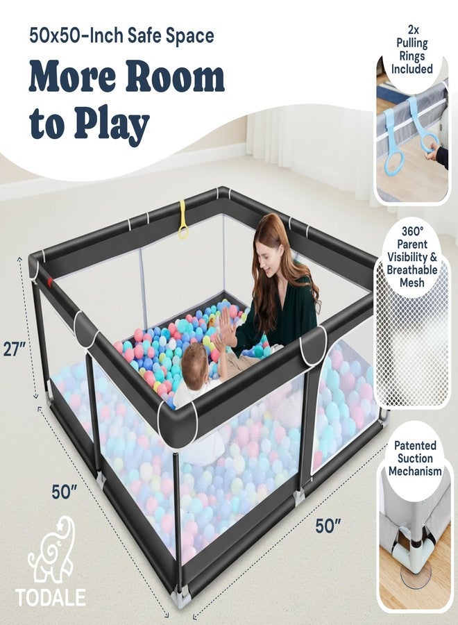 Todale Baby Play Pen - 50 x 50 x 27 in, Black - Portable Foldable Play Pen for Babies & Toddlers with Anti-Slip Base & Breathable Mesh Panels - Image 2