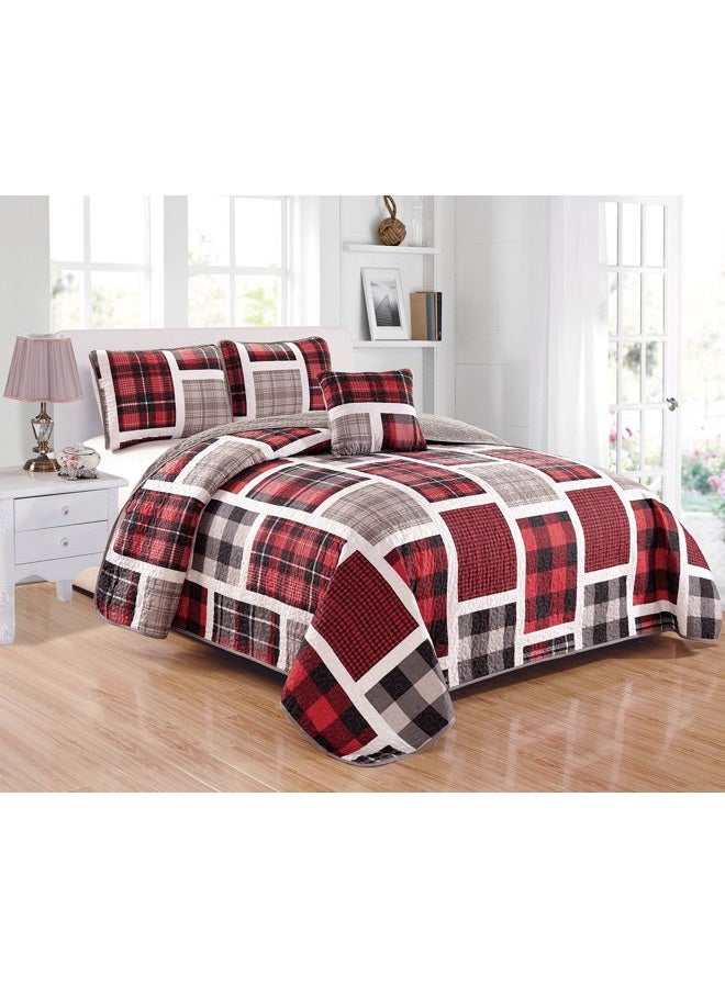 Mk Collection 4pc Full Size Reversible Coverlet Bedspread Set Patchwork Plaid Gray Red Black White New