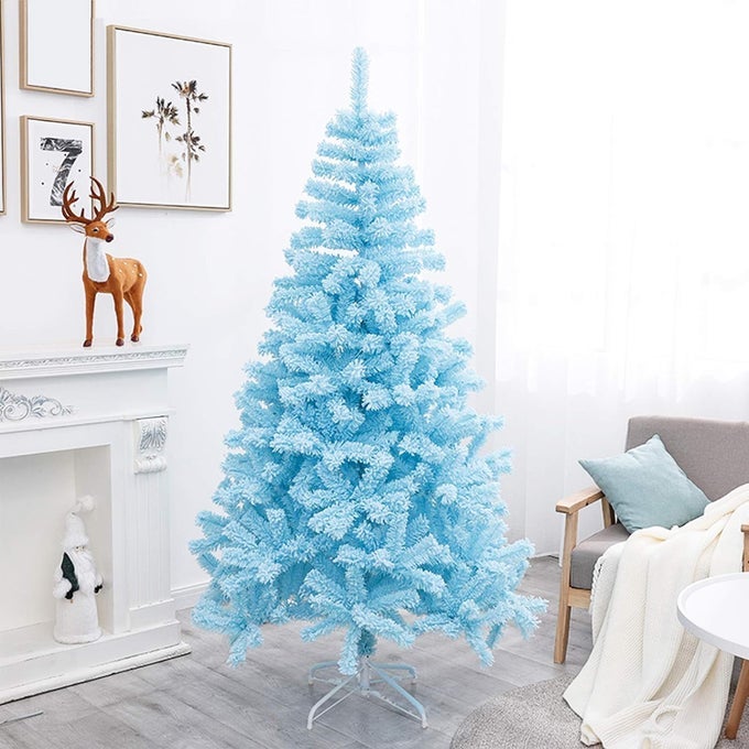 4 feet Blue Premium Snow Flocked Artificial Christmas Tree 300 Branch Tips Hinged Spruce with Metal Stands Easy Assembly for Xmas Holiday New Year Home Party Decoration