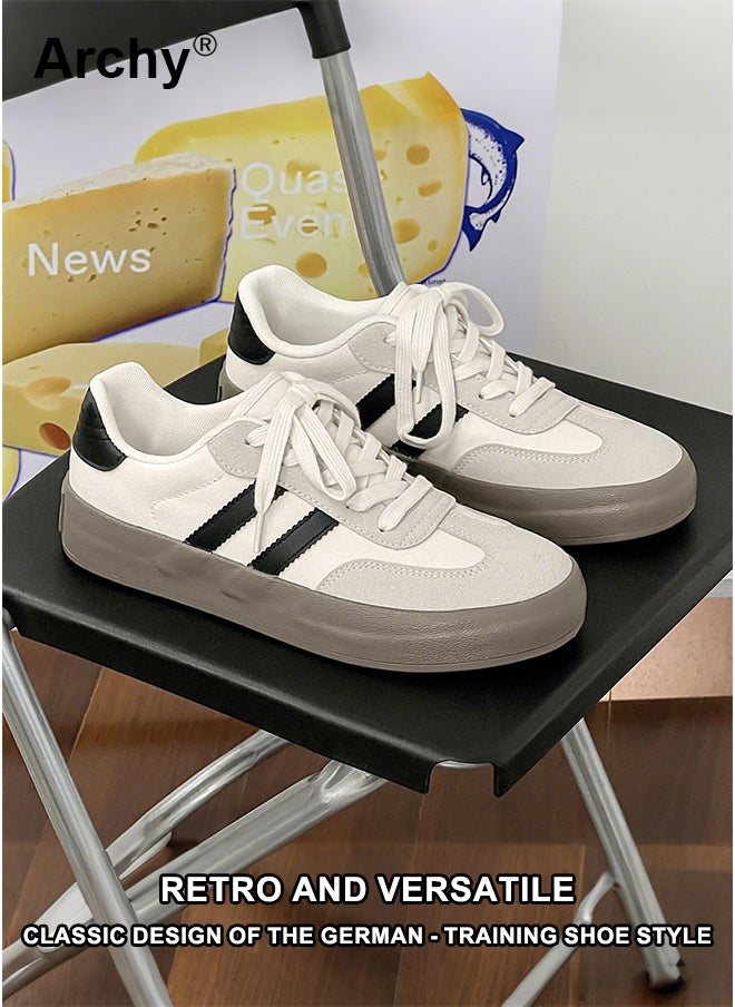 Archy Men's Retro Sneakers - Classic White Low-Top Canvas Shoes with Black Accents, Breathable Casual Lace-Up for Daily Wear & Street Style  - Image 1