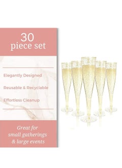 Oasisgalore 30 Pack Gold Glitter Champagne Flutes Glasses, Plastic Disposable Champagne Flute for Parties  - Image 2