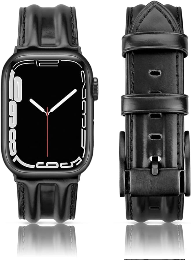 SWEES Leather Band Compatible with Apple Watch 42mm 44mm 45mm, Genuine Leather Classic Strap Wristband Compatible for iWatch Series 7 6 5 4 3 2 1 SE Sports & Edition Men, Matte Black