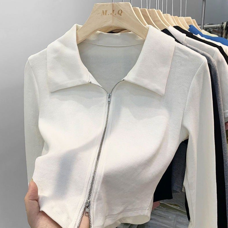 2024 Autumn Chic Polo Collar Long Sleeve Crop Tee White elastic fabric