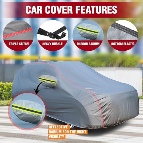 YEARWELL Car Body Cover for Maruti Brezza, 100% Waterproof, Heat-Resistant with Mirror & Antenna Pockets, Soft Cotton Lining, Triple Stitched, Orange Reflector (Metallic Silver) - Image 3