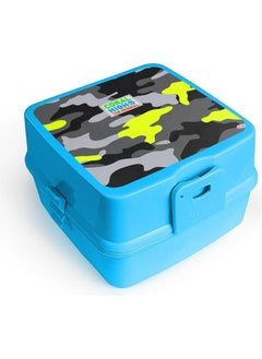 CORAL HIGH Kids Blue Gray Camouflage Patterned Four Compartment Lunch Box with Fork and Spoon 32986  - Image 1