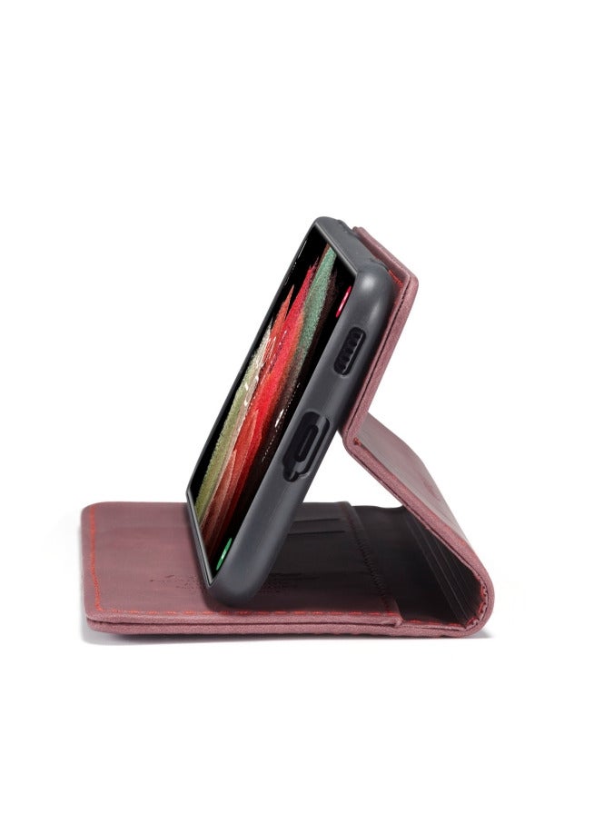 كيس مي جراب جلدي لموبايل سامسونج اس 21 الترا من كيس مى جراب حماية قابل للطي مع مسند مغناطيسي وفتحات للبطاقات - احمر نبيتي - Image 5