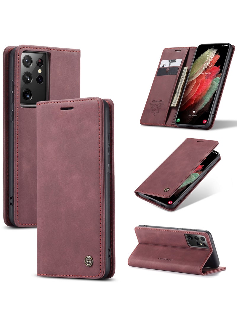 كيس مي جراب جلدي لموبايل سامسونج اس 21 الترا من كيس مى جراب حماية قابل للطي مع مسند مغناطيسي وفتحات للبطاقات - احمر نبيتي - Image 1