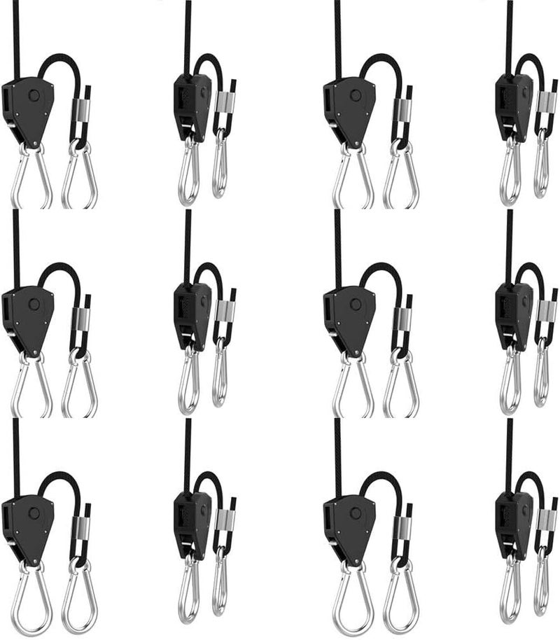 vanleno 6 Pairs 1/8 inch Adjustable Heavy Duty Rope Hanger - Reinforced Metal Internal Gears Ratchets foe Growing Light Fixtures, Loose-Proof Design, 8-ft Long & 150lbs Weight Capacity - Image 1