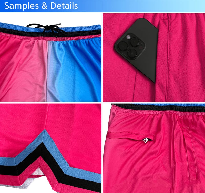KXK Menâ€™s Mesh Basketball Shorts,Athletic Shorts Gym Running Training Shorts with Pockets Pink/Blue - Image 4