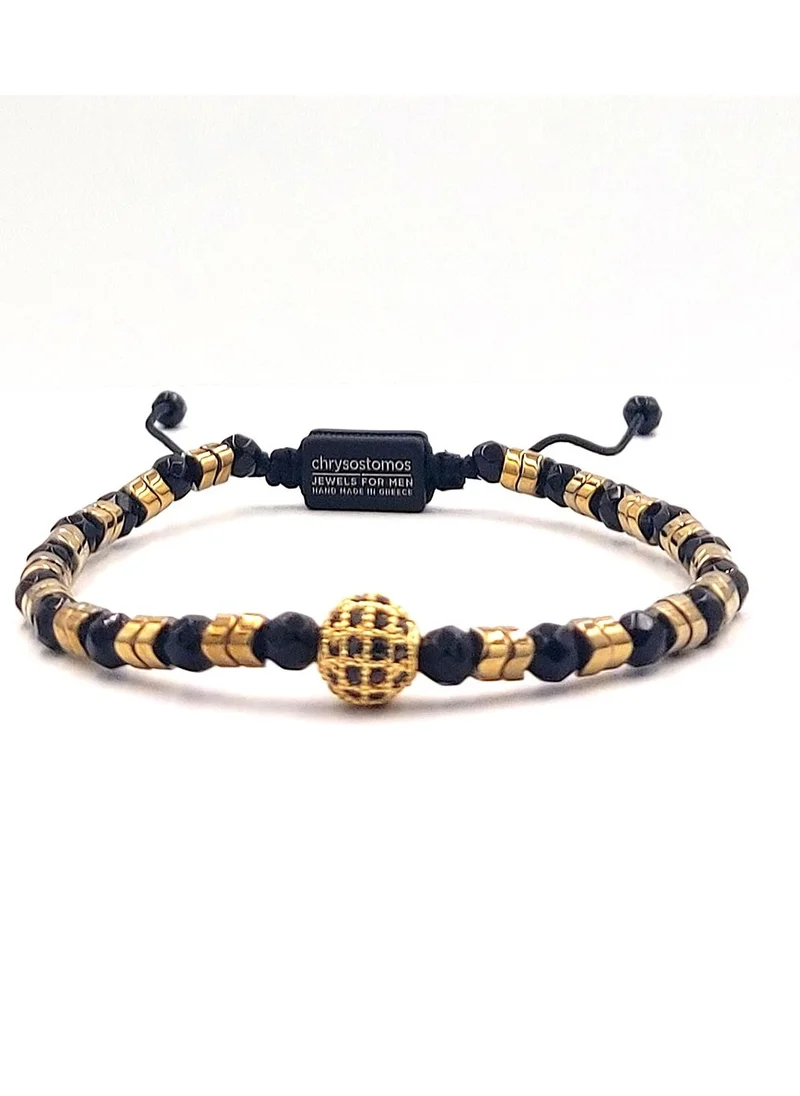 كريسوستوموس Handmade Beaded Bracelet with Black Tagie Onyx, Gold Hematite and Gold Zircon