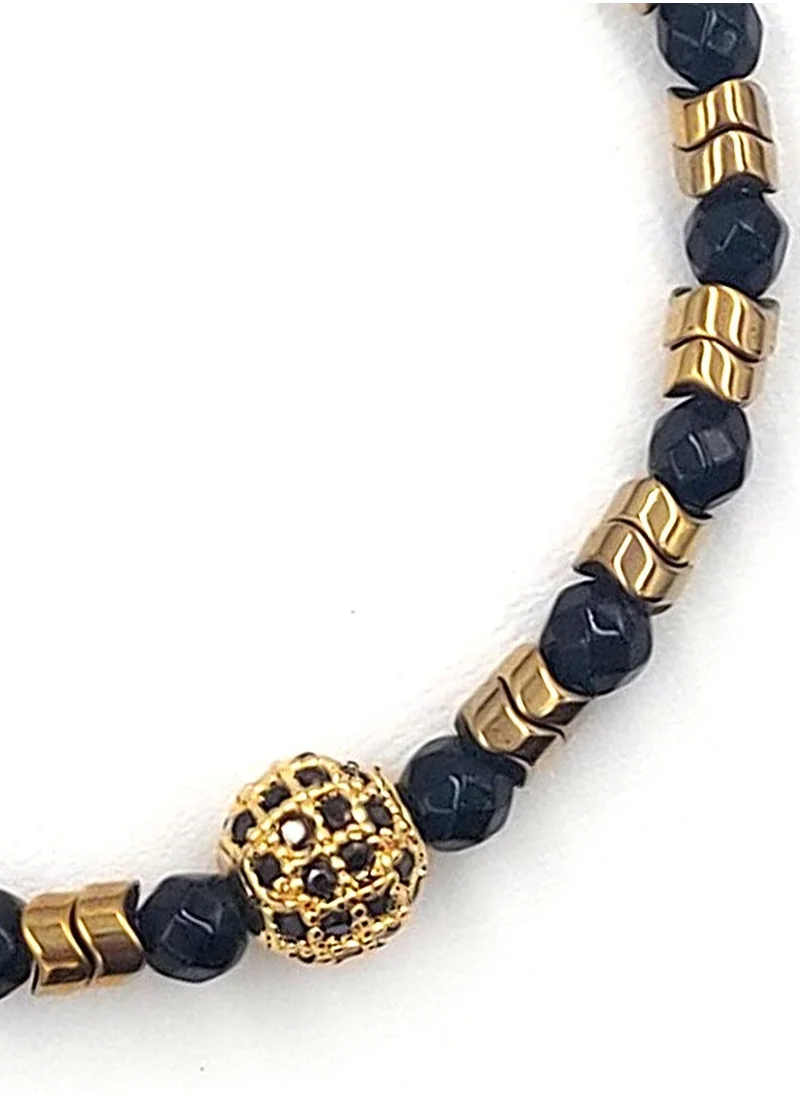 كريسوستوموس Handmade Beaded Bracelet with Black Tagie Onyx, Gold Hematite and Gold Zircon