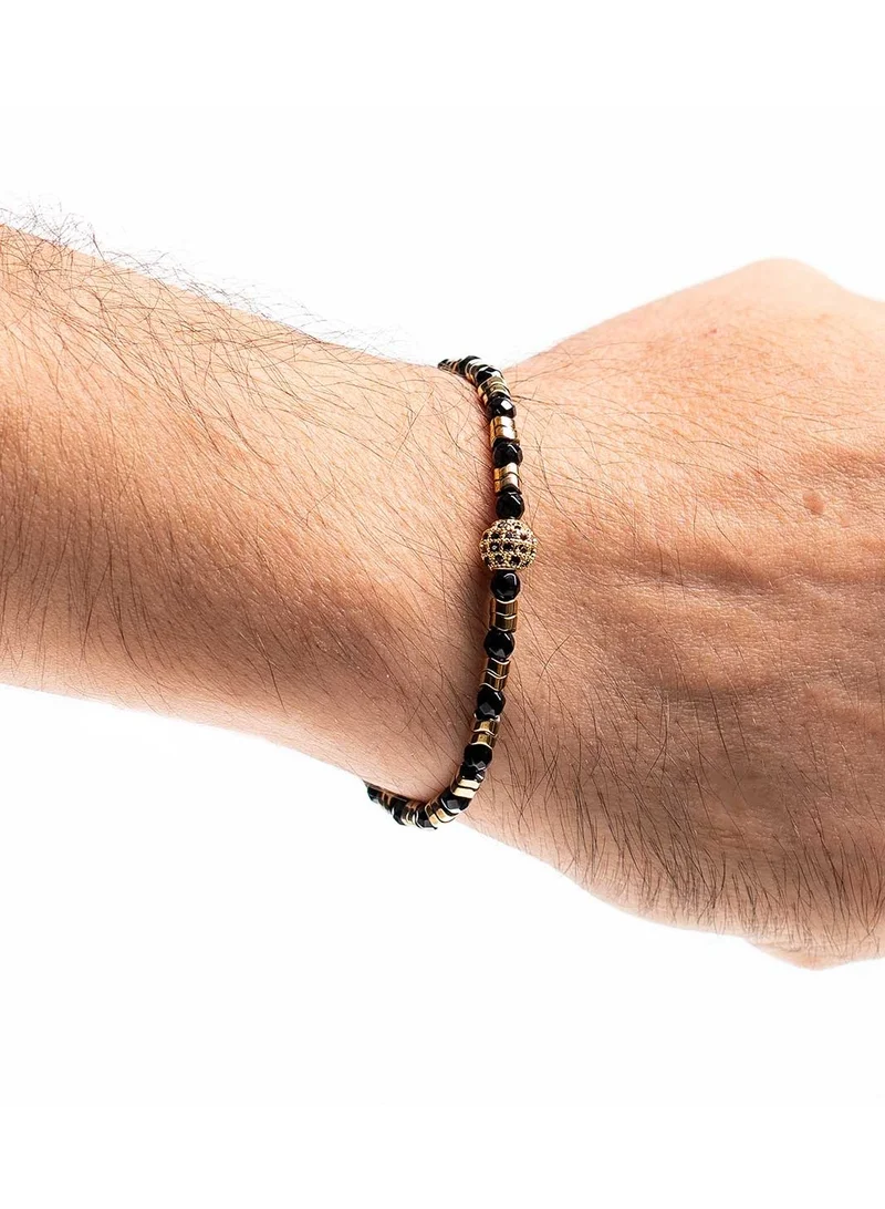 CHRYSOSTOMOS Handmade Beaded Bracelet with Black Tagie Onyx, Gold Hematite and Gold Zircon