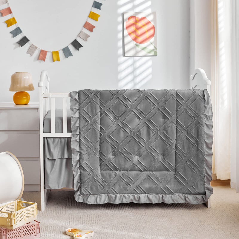 Uozzi Bedding Tufted Ruffle Crib Bedding Set 3 Pieces Baby Boho Quilted Comforter with Fitted Sheet and Bed Skirt - Cute Ruffled Shabby Chic Baby Bedding Soft Blanket Design Gray - Image 2
