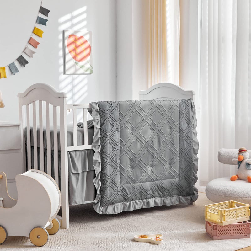 Uozzi Bedding Tufted Ruffle Crib Bedding Set 3 Pieces Baby Boho Quilted Comforter with Fitted Sheet and Bed Skirt - Cute Ruffled Shabby Chic Baby Bedding Soft Blanket Design Gray - Image 1