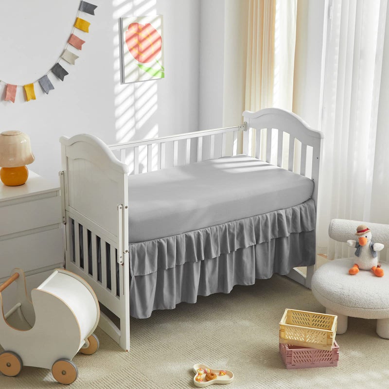 Uozzi Bedding Tufted Ruffle Crib Bedding Set 3 Pieces Baby Boho Quilted Comforter with Fitted Sheet and Bed Skirt - Cute Ruffled Shabby Chic Baby Bedding Soft Blanket Design Gray - Image 4