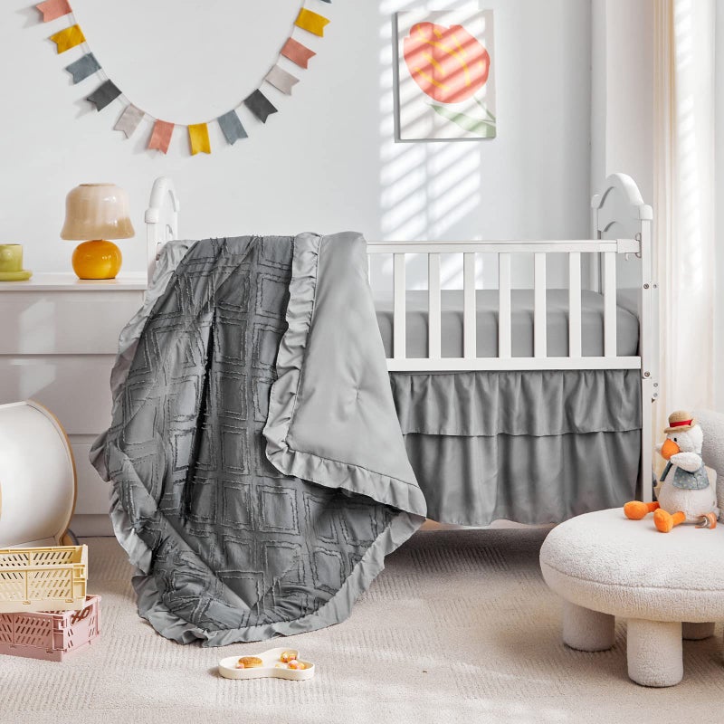Uozzi Bedding Tufted Ruffle Crib Bedding Set 3 Pieces Baby Boho Quilted Comforter with Fitted Sheet and Bed Skirt - Cute Ruffled Shabby Chic Baby Bedding Soft Blanket Design Gray - Image 5