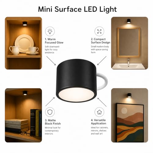 Craftfry كرافت فري 3 واط ميكرو ميني ضوء LED مثبت على السطح - جسم أسود، ضوء أبيض دافئ، ارتفاع مدمج 2 سم وطول 3 سم - مثالي للمعابد، الرفوف، الإضاءة التزيينية، والإضاءة الموضعية عبوة من 3 - Image 2