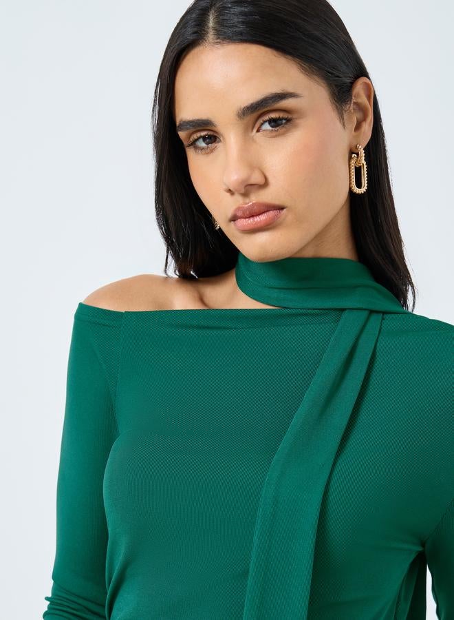 Styli Dark Green Long Sleeve Tie Neck Blouse - Image 4