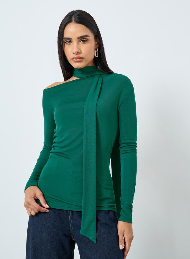 Styli Dark Green Long Sleeve Tie Neck Blouse - Image 3