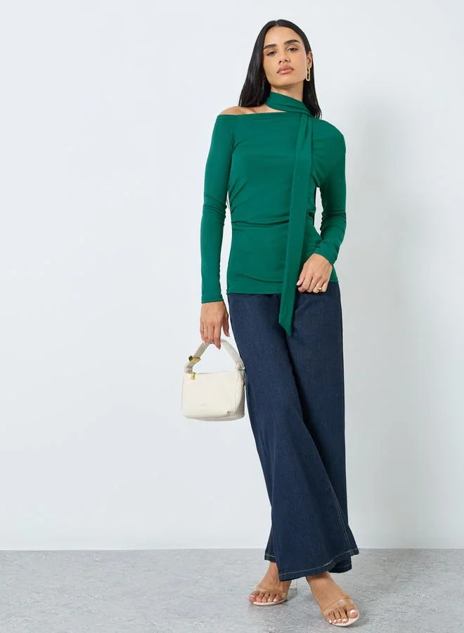 Styli Styli Dark Green Long Sleeve Tie Neck Blouse