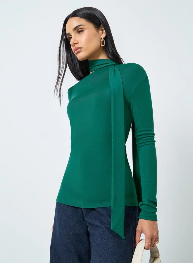 Styli Styli Dark Green Long Sleeve Tie Neck Blouse