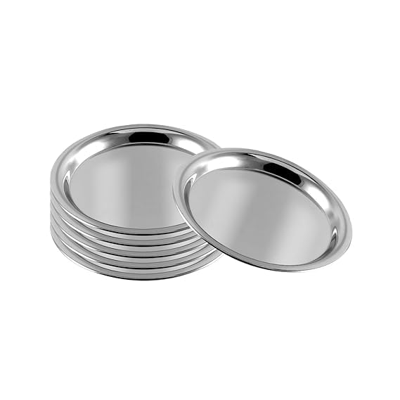 VOMI Stainless Steel Round Plate Set of 6 20cm Dia Classic Design Thali Set Mirror Finish Food Grade Steel Serving Plate for Dinner 20 CM - Image 1