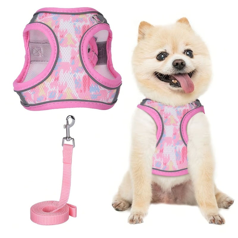 Rose Red Color Breathable Mesh Pet Harness And Leash Set For Small Dogs Reflective Strips For Night Visibility Comfortable Durable Adjustable M Size - Image 2