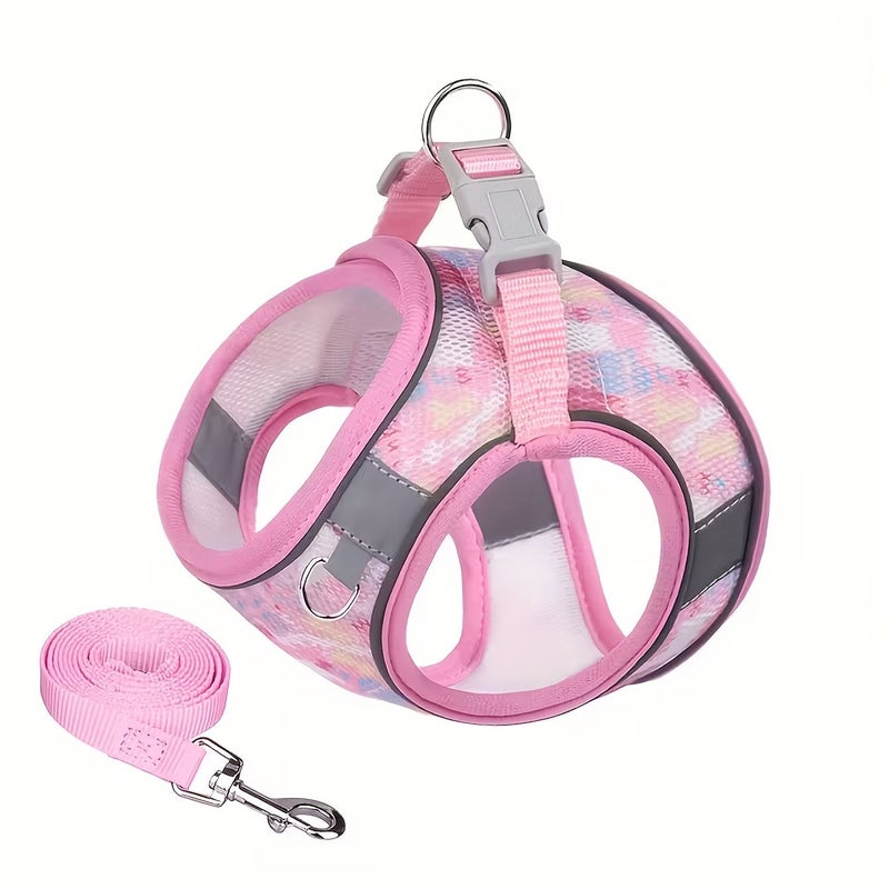 Rose Red Color Breathable Mesh Pet Harness And Leash Set For Small Dogs Reflective Strips For Night Visibility Comfortable Durable Adjustable M Size - Image 1