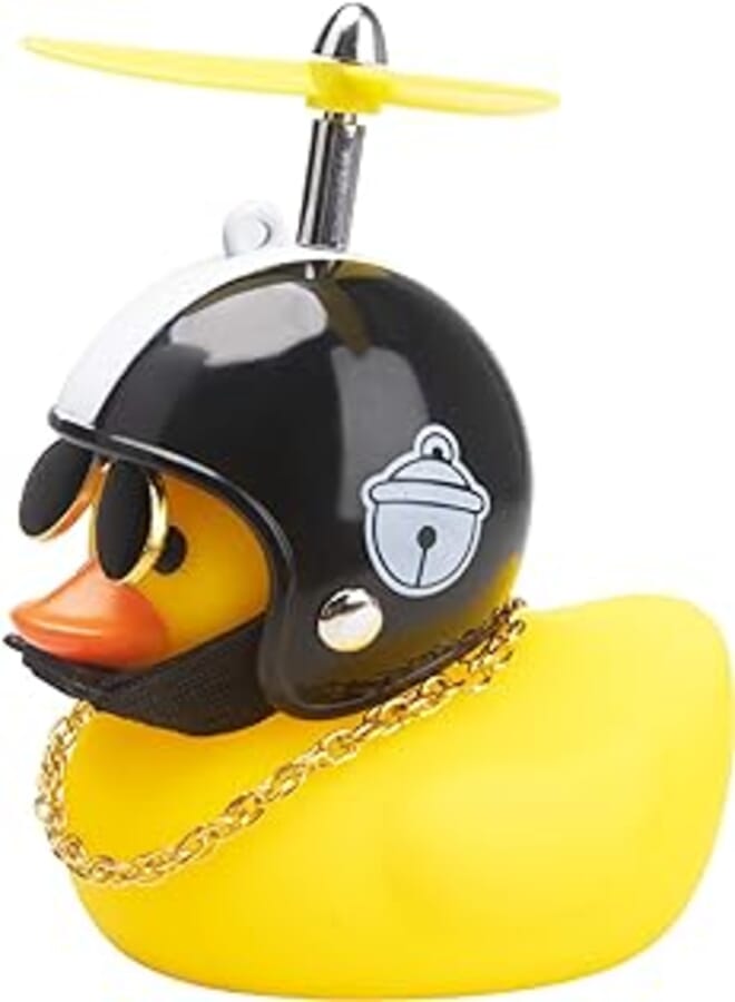 wonuu Rubber Duck Toy Car Ornaments Yellow Duck Car Dashboard Decorations Cool Glasses Duck with Propeller Helmet (Black Hat White Bell-Yellow)