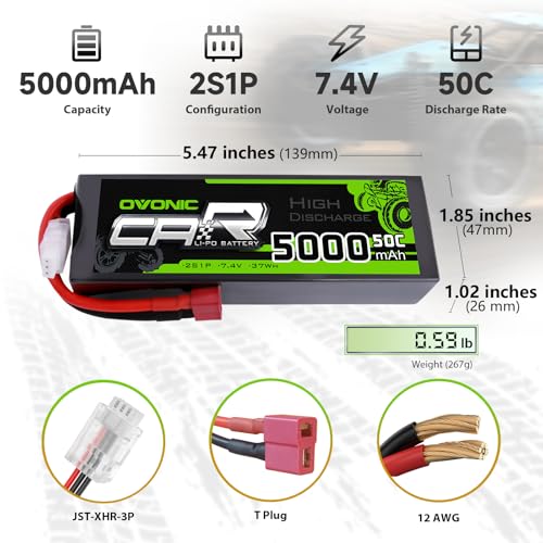 OVONIC 7.4V Lipo Battery 5000mAh 50C 2S Lipo Battery Pack HardCase with Dean-Style T Plug for RC Car Bigfoot Arrma Axial Losi Slash Buggy and Monster Truck - Image 2